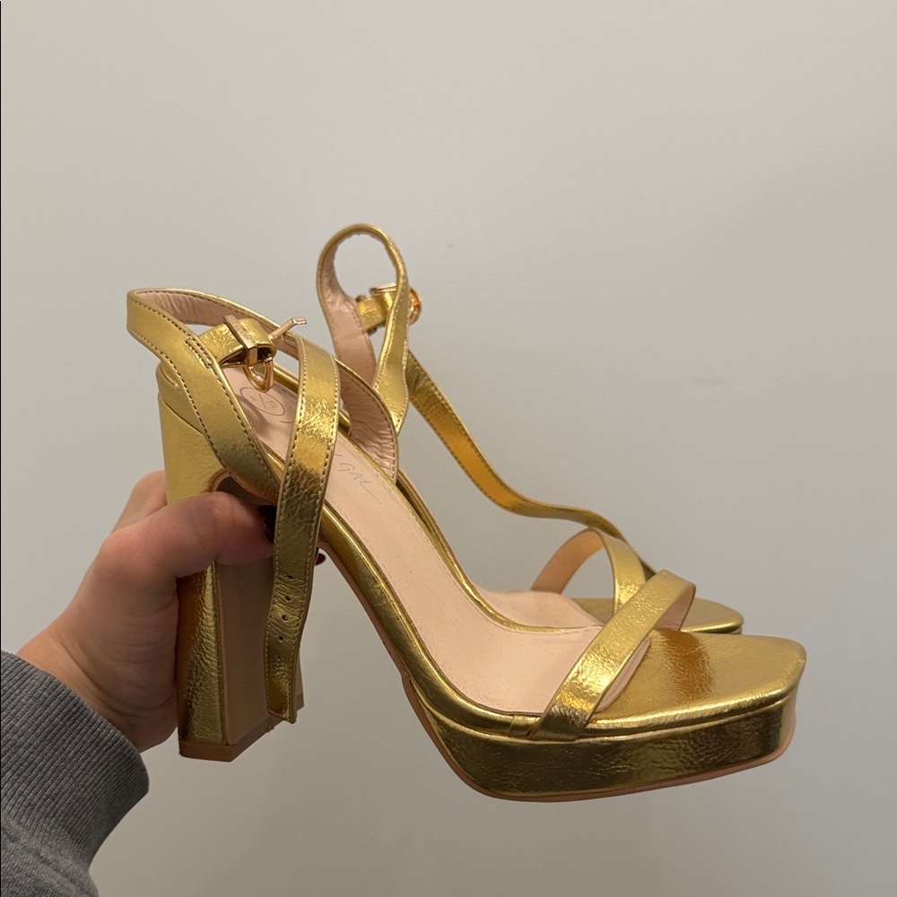 Nasty Gal Metallic Gold Platform Block Heel Slingback Sandals